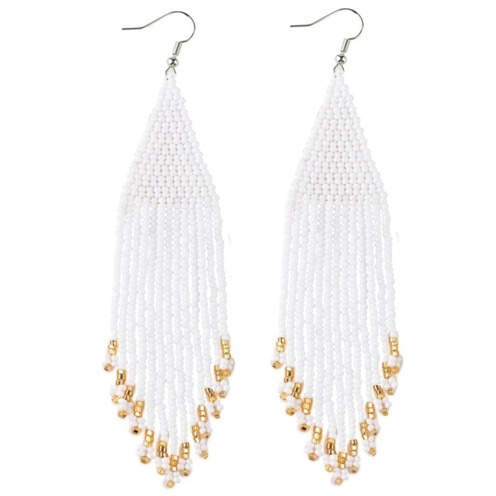 White Bohemian Seed Bead Tassel Dangling Statement French Wire Hook Earrings